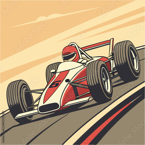 Red and White Formula One Race Car on Track with Driver.