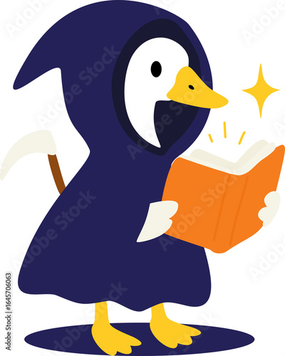 Halloween Goose Reading Magic Book in Grim Reaper Cloak