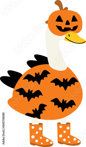 Halloween Goose Wearing Pumpkin Costume with Bats and Dotted Boots