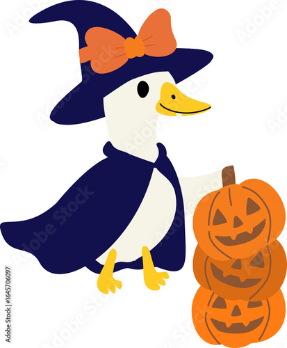 Coquette Halloween Goose with Witch Hat and Pumpkin Stack