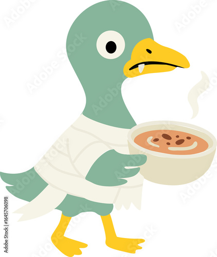 Coquette Halloween Goose in Mummy Costume Holding Hot Soup