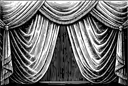 Elegant vintage engraving of draped linen curtain, retro decor, interior design themes, classic illustration projects, and traditional textile or home styling concepts