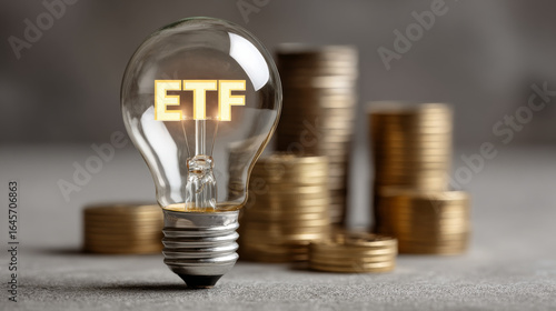 Glowing lightbulb with word ETF symbolizes investment ideas, set against backdrop of stacked coins representing financial growth and wealth accumulation