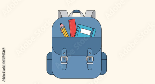 Blue Backpack with School Supplies Pencil, Ruler, and Notebook Illustration