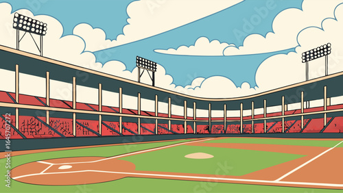 RetroStyle Baseball Stadium Illustration Red Seats Green Field and Classic Design.