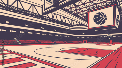 RetroStyle Basketball Court with Red Seating and Jumbotron.