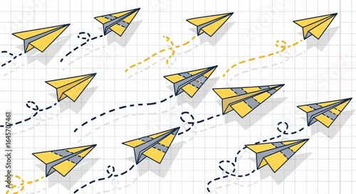 Paper airplanes soaring through a grid pattern, symbolizing ambition and forward movement, with dashed lines indicating flight paths.