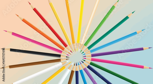 Vibrant spectrum of artistic inspiration formed by an array of colorful wooden pencils, fanning out in a captivating circular design, symbolizing creativity and education.