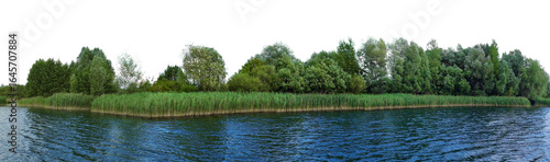 Foto blue water lake with trees and reeds landscape isolated on white or transparent