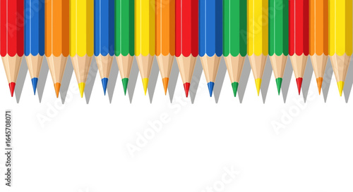 Vibrant row of sharpened colored pencils forming a bright, cheerful border, ideal for creative projects, educational themes, and art supplies on a clean white background.