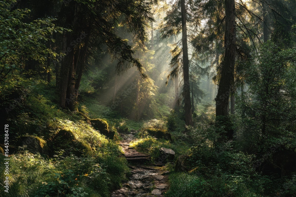 Obraz premium Serene Sunlight Filtering Through Dense Forest Canopy Creating Magical Atmosphere in Woodland Scene