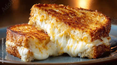 Wallpaper Mural Gooey golden cheese strands connecting two halves of a grilled cheese sandwich, lifted gently from plate, toasted crust, side angle, warm light Torontodigital.ca