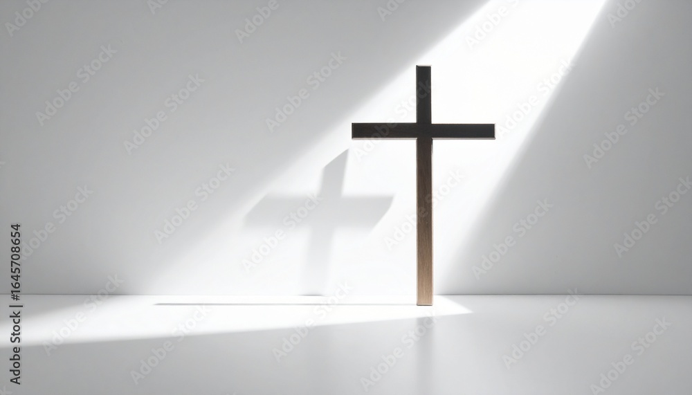 Naklejka premium A simple wooden cross stands illuminated by a single beam of light in a stark white room, casting a distinct shadow.