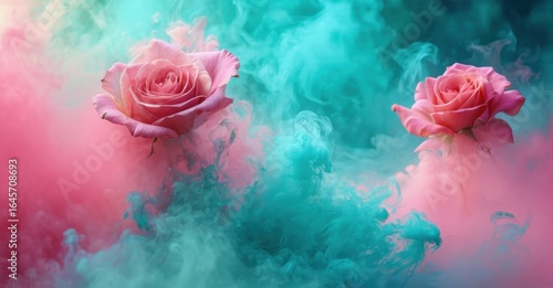 Wallpaper Mural Pink roses bloom amid swirling turquoise, pink smoke. Dramatic lighting creates vibrant, ethereal beauty. Floral composition evokes romance, serenity. Torontodigital.ca