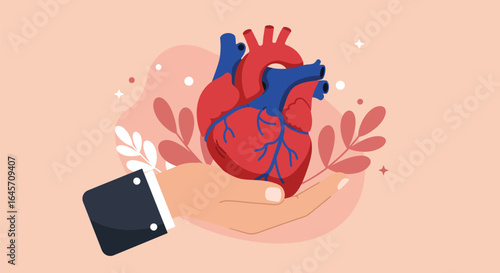 Hand Holding a Heart with Blood Vessels in Illustrative Style