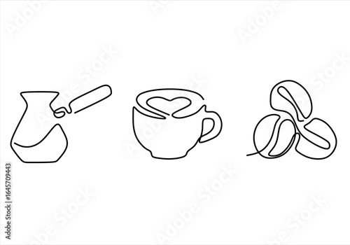  Single-Line Art of Cezve, Latte, and Beans. line icon-continuous line drawing. Editable stroke. 
