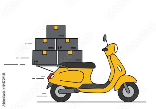 A vibrant scooter swiftly delivers stacked boxes. Modern, flat design illustration for delivery services. Clean, dynamic composition.