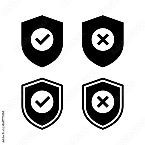 Defense shield icon set. Check and cross mark symbol. Verification badge concept