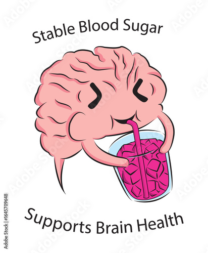 Brain needs sugar in cartoon style, brain drinks sweetened beverage, stable blood sugar supports brain health, hand drawn cartoon vector isolated on white background