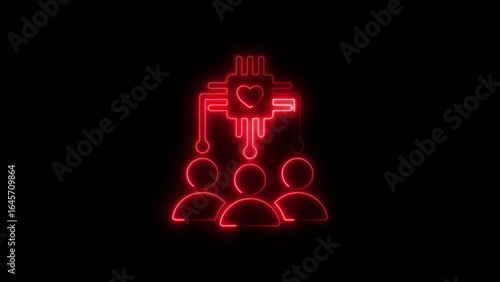 Glowing red neon circuit board heart connecting with people concept illustration on black background
