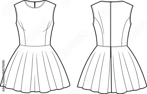Flat vector illustration of sleeveless dress design, front and back view, fashion sketch, sewing pattern, apparel template, clothing design, dressmaking guide