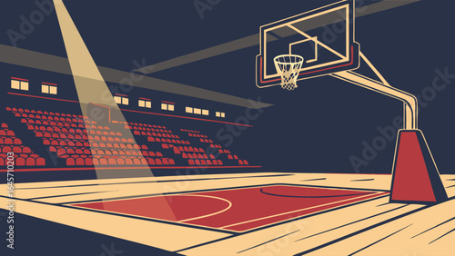 RetroStyled Basketball Court with Hoop and Empty Seats.
