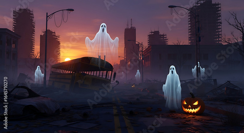 Halloween scene with ghosts and jack-o'-lantern in a ruined cityscape