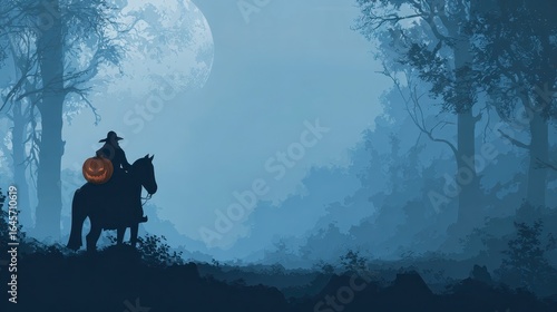 Headless Horseman Halloween Banner Holding Glowing Pumpkin Head ,Happy halloween, halloween banner, halloween banner with copy space for text. 