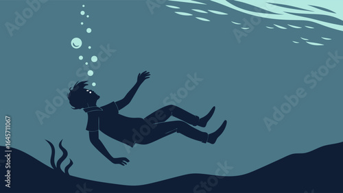 Silhouette of a Man Sinking in Deep Water with Bubbles.