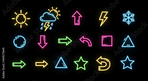 Dynamic collection of vibrant neon glow icons, featuring diverse symbols like weather, arrows, and geometric shapes, ideal for modern digital design and interface elements.