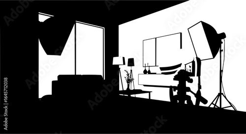 Interior scene showcasing a living room with furniture and a photography studio setup in black and white vector art