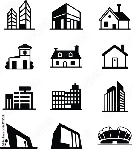 Modern building icon set, residential house vector, urban skyline, architectural elements, office, home, cityscape, silhouette style illustrations