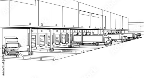 Line drawing of a warehouse with loading docks and trucks parked in a row in black and white vector art