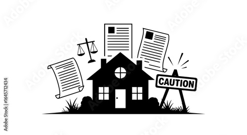 House with documents, caution sign, and scale, representing legal and property considerations carefully vector art