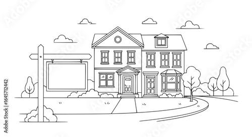Outline drawing of a two story house with a for sale sign and trees under a cloudy sky in a neighborhood vector art