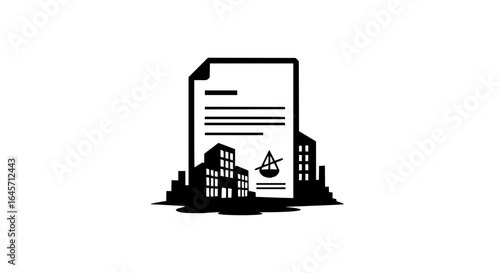 Black and white illustration of a contract document with buildings in the background design vector art