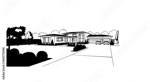 Illustration of a modern two story house with a double garage and cars parked in the driveway area vector art