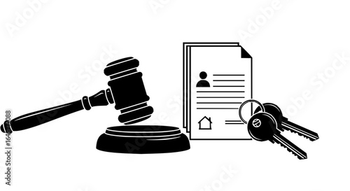 Black and white illustration of a gavel, legal documents, and keys on a white background space vector art