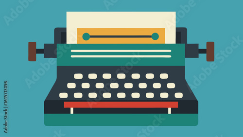 A typewriter with a piece of paper on it. The typewriter is blue and has a red key