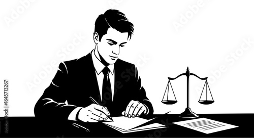 Illustration of a lawyer in a suit writing at a desk with scales of justice beside him on the desk vector art
