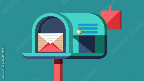 A red mailbox with a blue pole. Inside the mailbox there are two letters, one yellow and one white