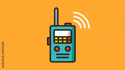 A cartoonish orange walkie talkie with a green screen. The device is on a yellow background