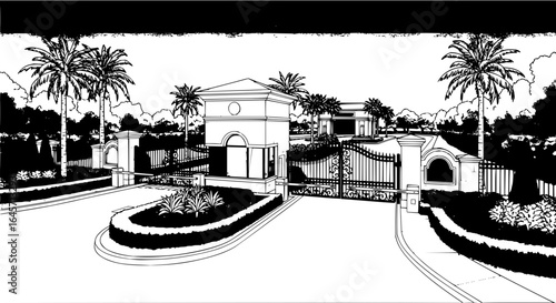Illustration of a gated entrance with a guard house and palm trees in a tropical setting vector art