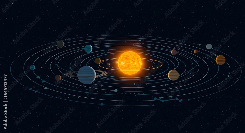 Fototapeta premium Cartoon Planets Orbiting Yellow Sun Against Dark Blue Starry Space Background