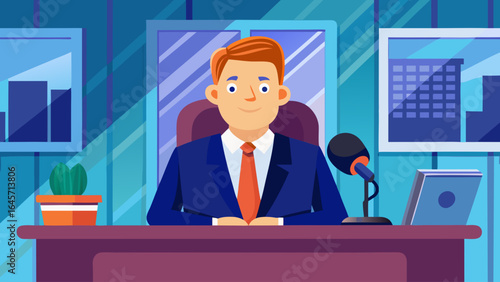 A man in a suit is sitting at a desk with a microphone in front of him. He is smiling and he is happy