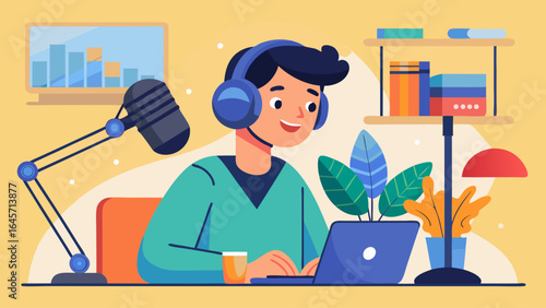 A man is sitting at a desk with a laptop and a cup of coffee. He is wearing headphones and he is working on something. The room is decorated with bookshelves and a potted plant