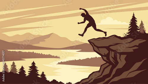 Silhouette of a Person Leaping from a Clifftop Overlooking a Mountain Lake.