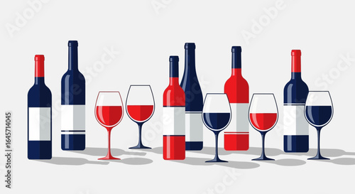 An assortment of red wine bottles and glasses in a row, concept for a wine tasting or French celebration event. Flat design vector.