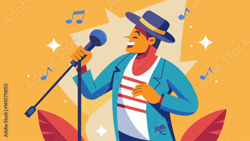 A man in a blue suit and yellow pants singing into a microphone. He is wearing a hat and a microphone