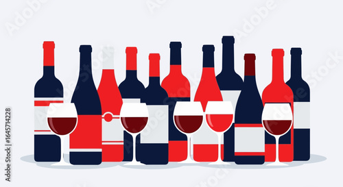 Assortment of red wine bottles and glasses in a minimalist flat design. Vector illustration for a winery, bar menu, or celebration event.